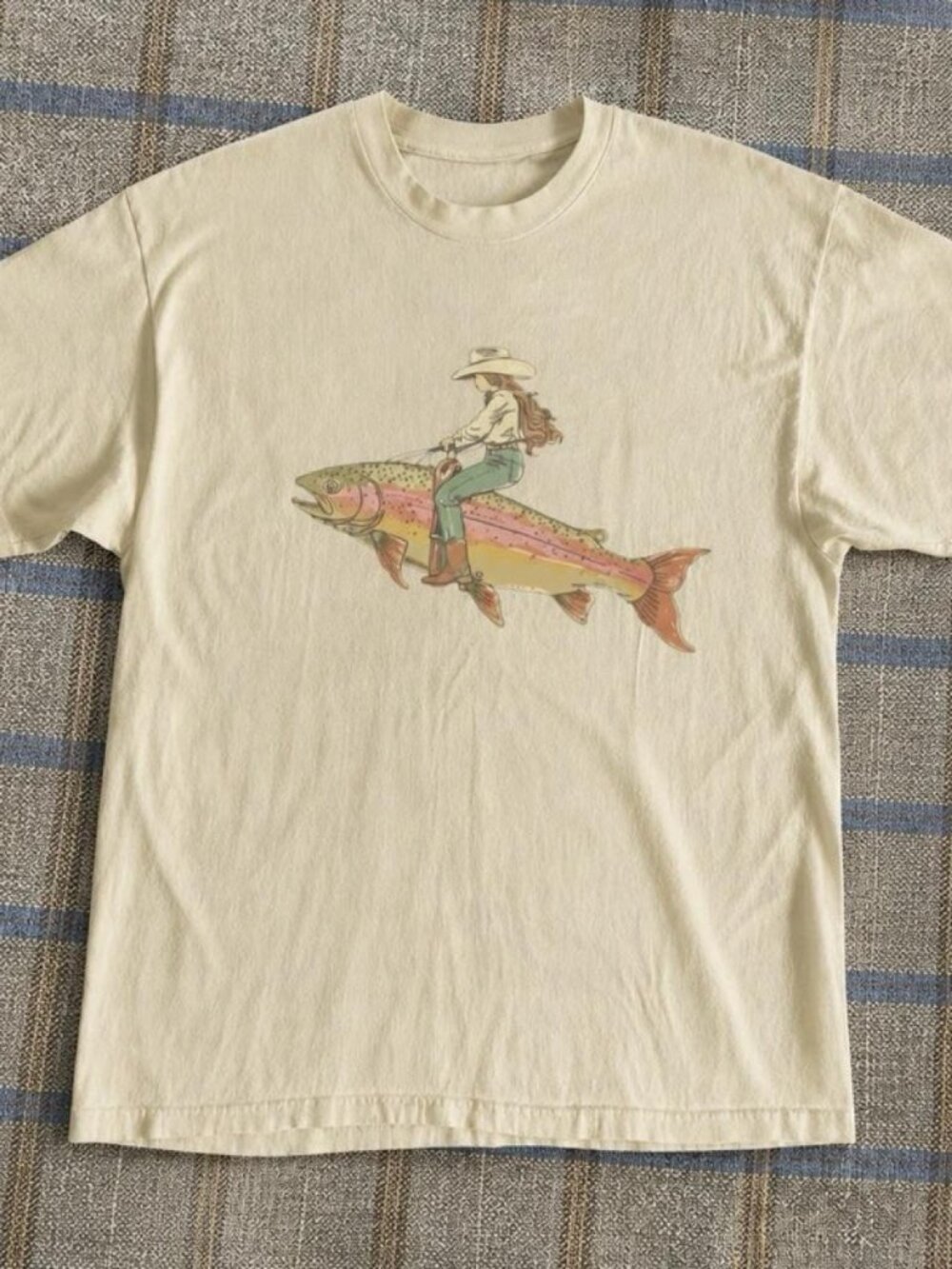 Cowgirl Riding Fish Graphic T-Shirt – Western Fishing Art Tee